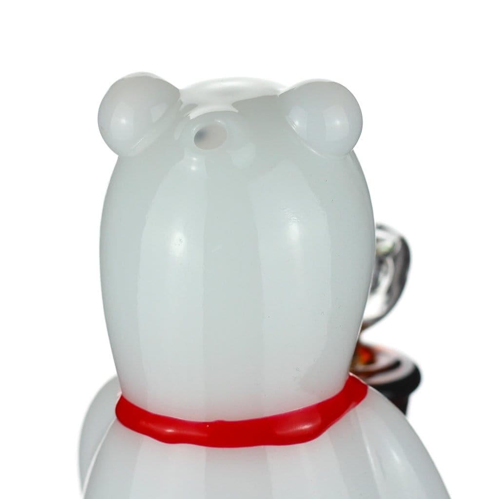 Front view of the DHC Originals "Snowy Freed" Bong, showing a clear glass piece with a red accent around the neck.