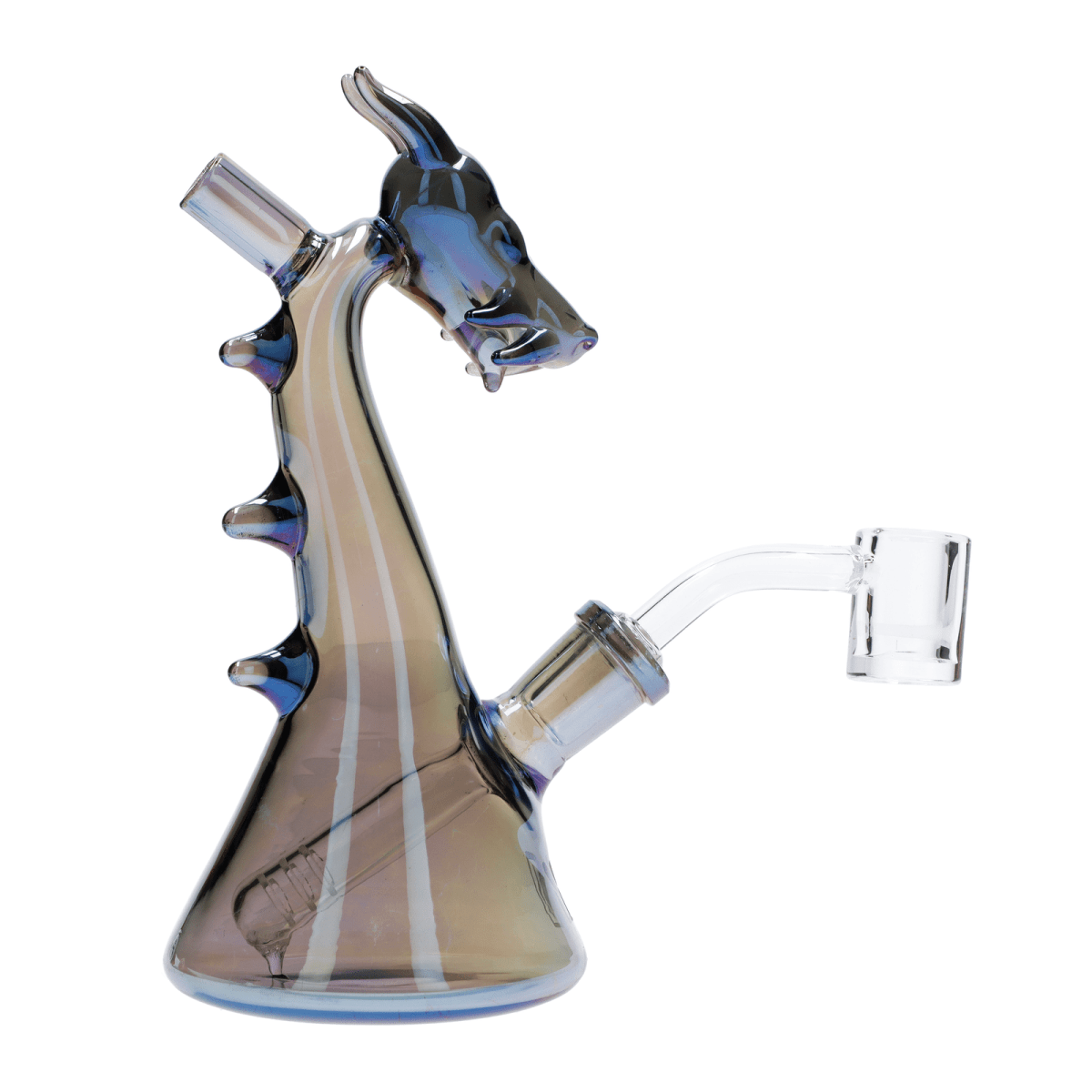A three-quarter view of the DHC Originals Dragon Bong, showcasing its curved neck and translucent amber glass.
