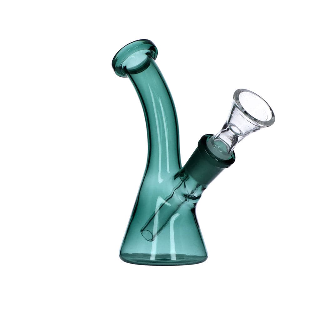 A front view of the 5" Everyday Essentials Bent Neck Beaker Water Pipe, showcasing its clear glass construction and curved neck.