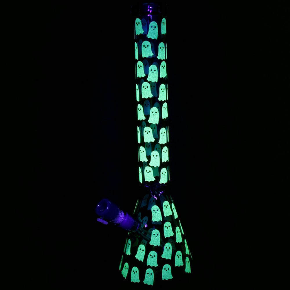 Front view of the 18" Ghostly Glow Beaker Water Pipe, showcasing its clear glass construction with a subtle glow effect.