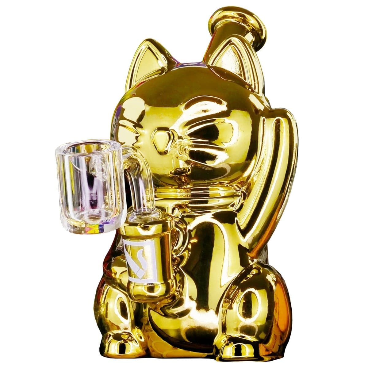 Front view of the DHC Originals Golden Cat Bong, a golden-colored ceramic piece shaped like a seated cat.
