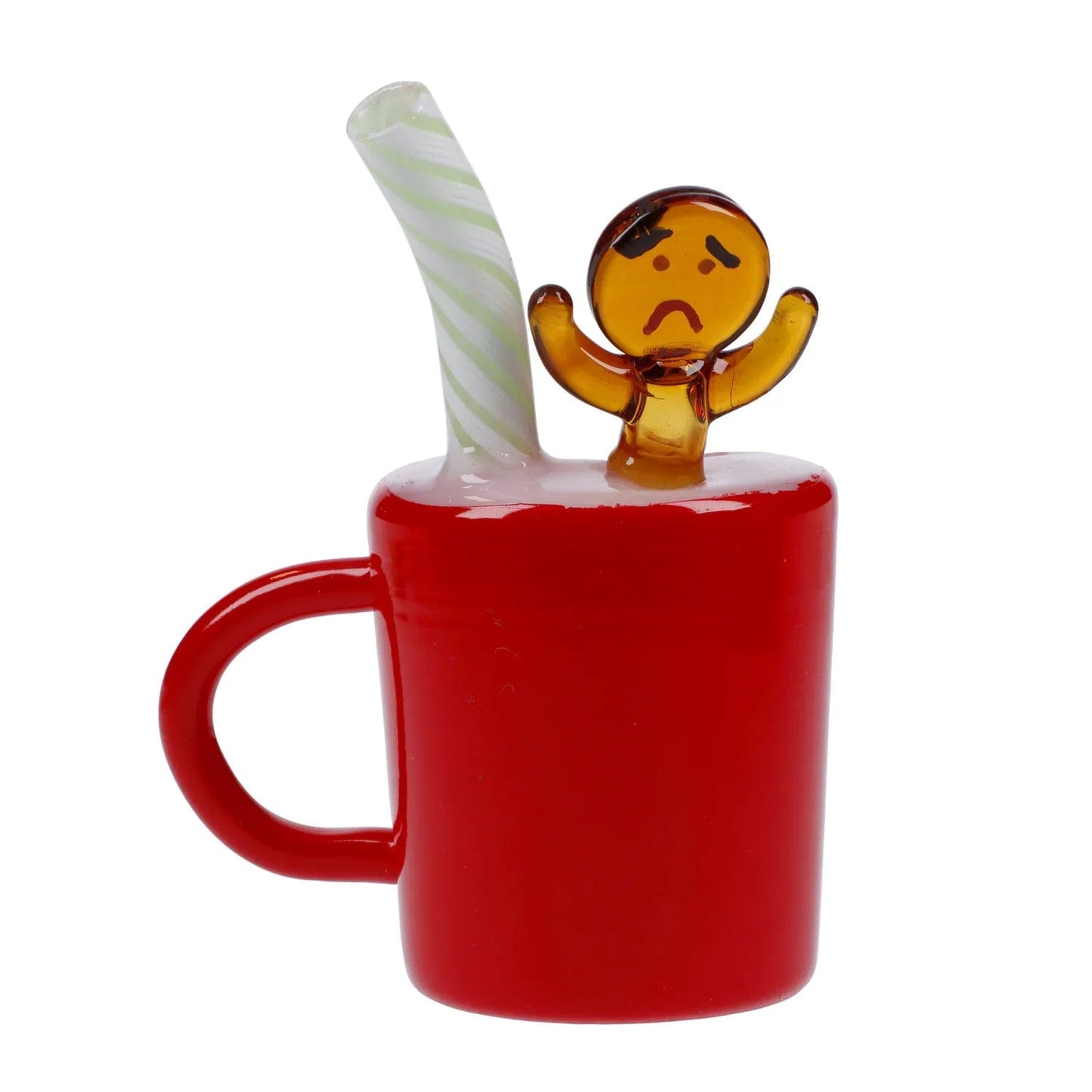 Front view of the Gumdrop Buttons Gingerbread Cup Bong, a red, cup-shaped bong with a gingerbread man accent on top.