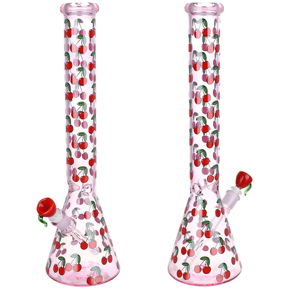 Front view of the 18-inch “Life Is A Bowl Of Cherries” beaker water pipe, showcasing a cherry pattern on clear glass.