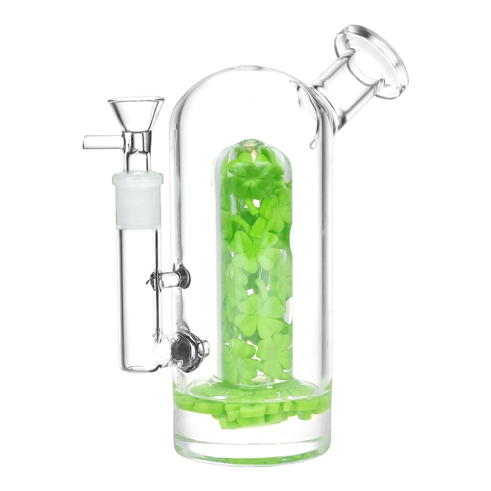 The Lucky Clover Glass Water Pipe features a clear glass body filled with green accents, viewed from a slight angle.