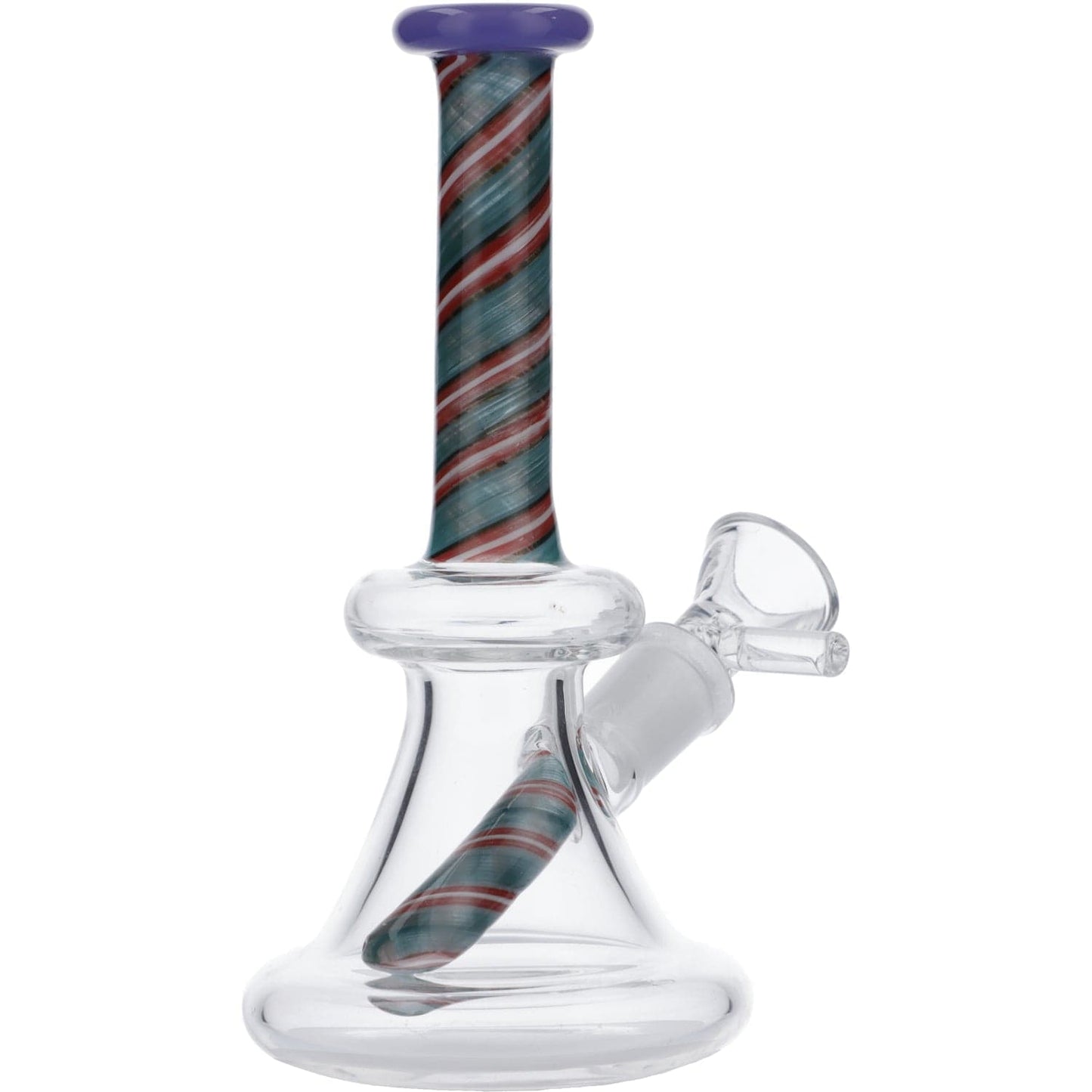 Front view of the Spiral Neck 6" Mini Waterpipe, showcasing its clear glass construction and spiraled neck design.