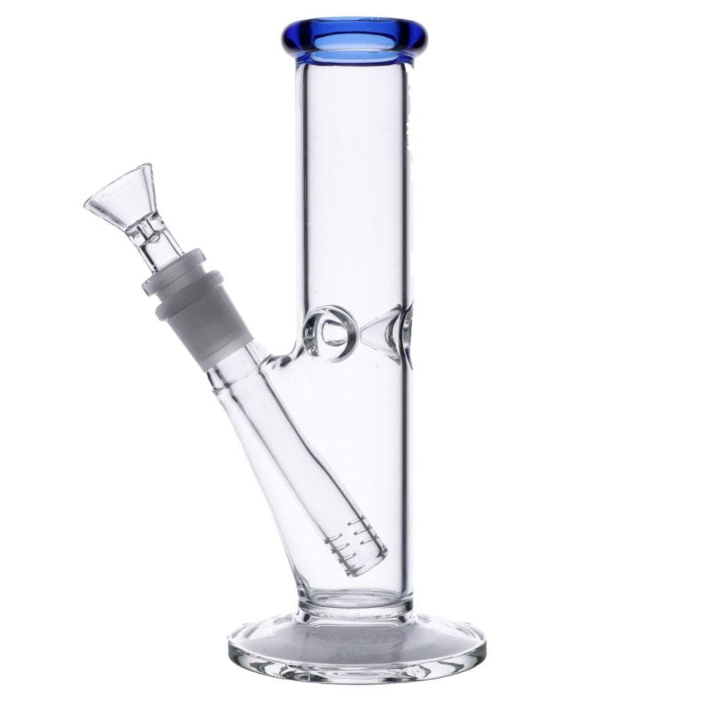 Front view of the Straight Tube Water Pipe, a clear glass tube with a blue accent on its mouthpiece.