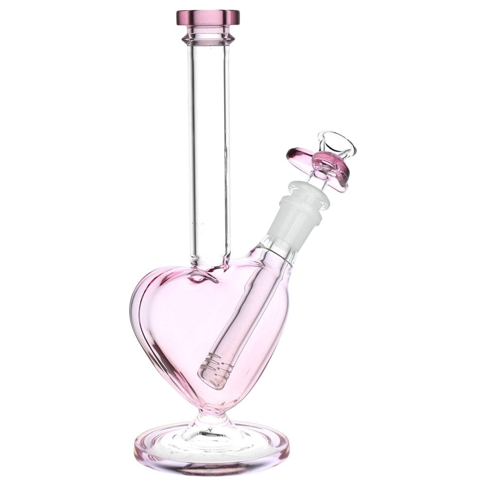 Front view of the 9-inch “The Heart Grows Fonder” glass water pipe, showcasing its heart-shaped form and pale pink hue.
