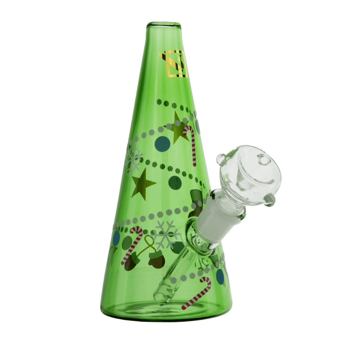 The DHC Originals X-Mas Tree Glass Bong is shown in a front view, with a green, tree-shaped body and visible glass joints.