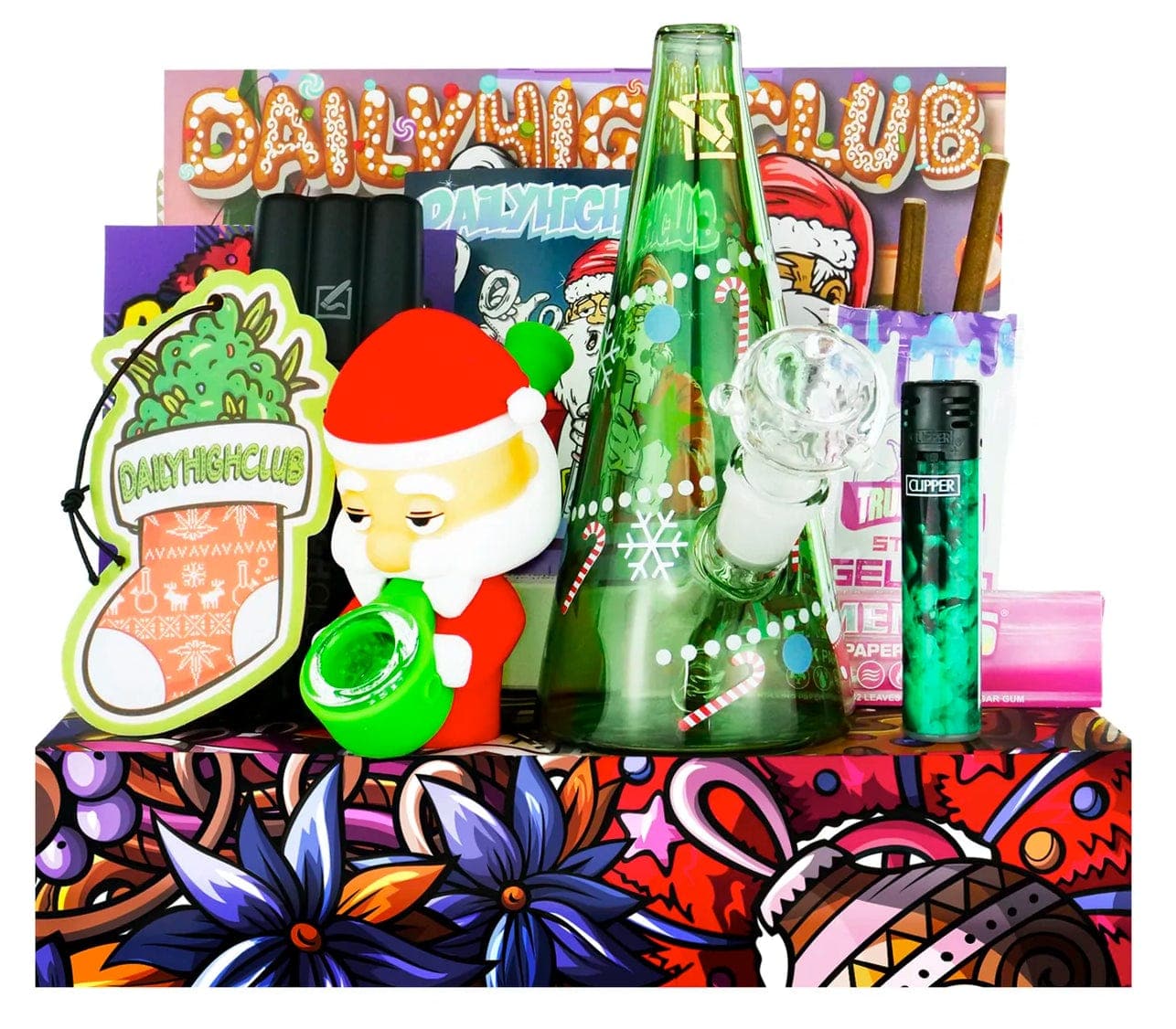 A vibrant overhead view showcases the “GET LIT THIS X-MAS BONG AND PIPE COMBO!” smoking box, arranged with festive packaging and colorful details.