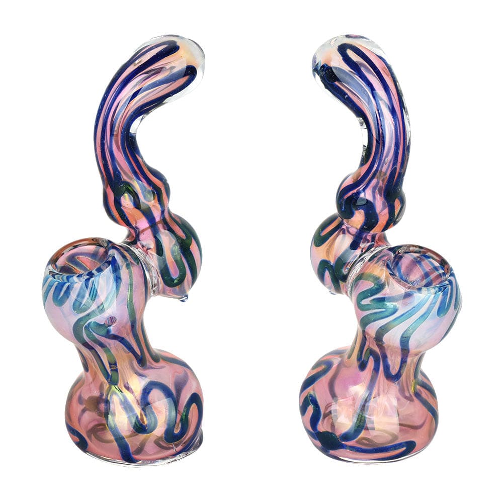 A front view of the 5.5” DNA Twist Gold Fumed Sherlock Bubbler, showcasing its swirling glass design against a plain white background.