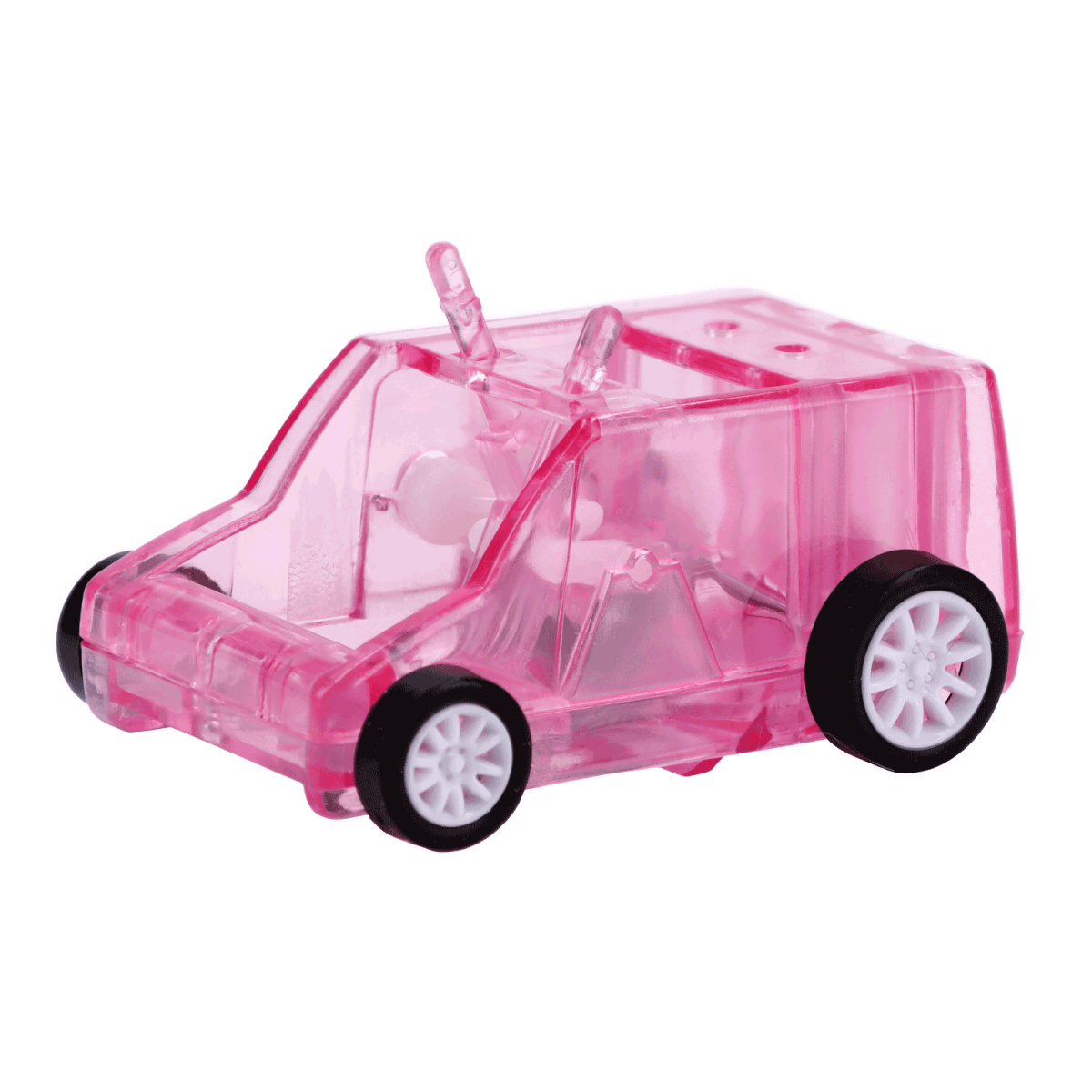 Front view of the Desk Cleaner Car, a small, clear plastic car-shaped vacuum with visible wheels and a streamlined design.