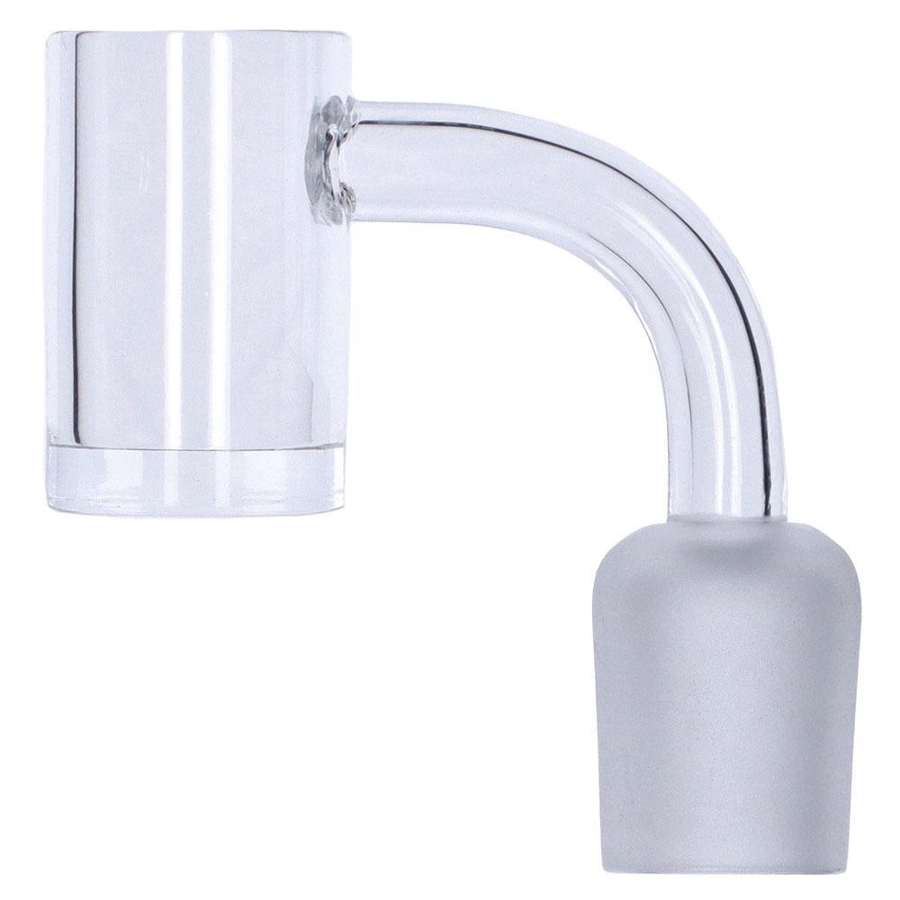 A close-up, angled view of the Thick Male Quartz Banger Nail, displaying its clear quartz construction and cylindrical shape.