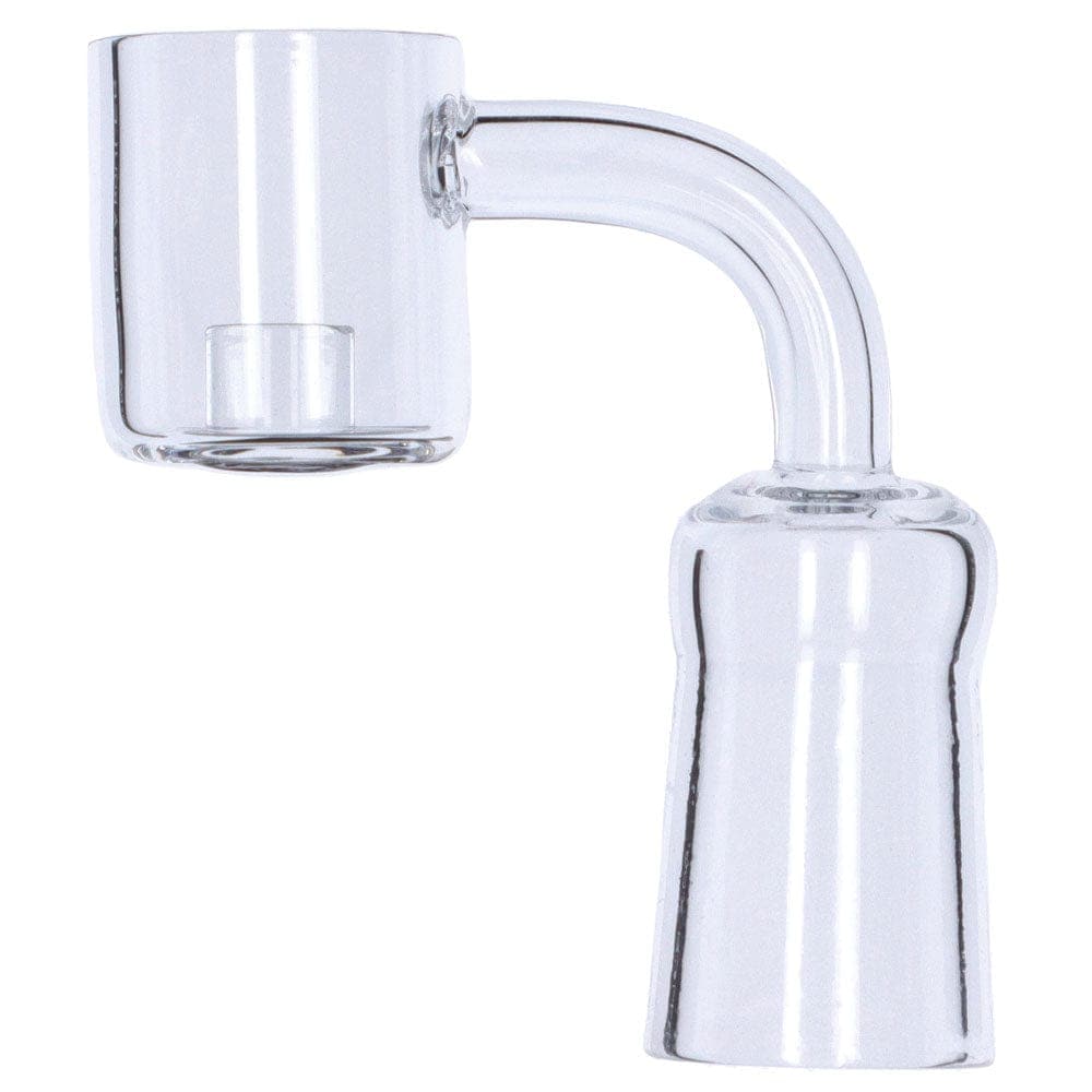 A slightly angled view of the Core Reactor Quartz Banger, showcasing its clear glass construction and bowl shape.