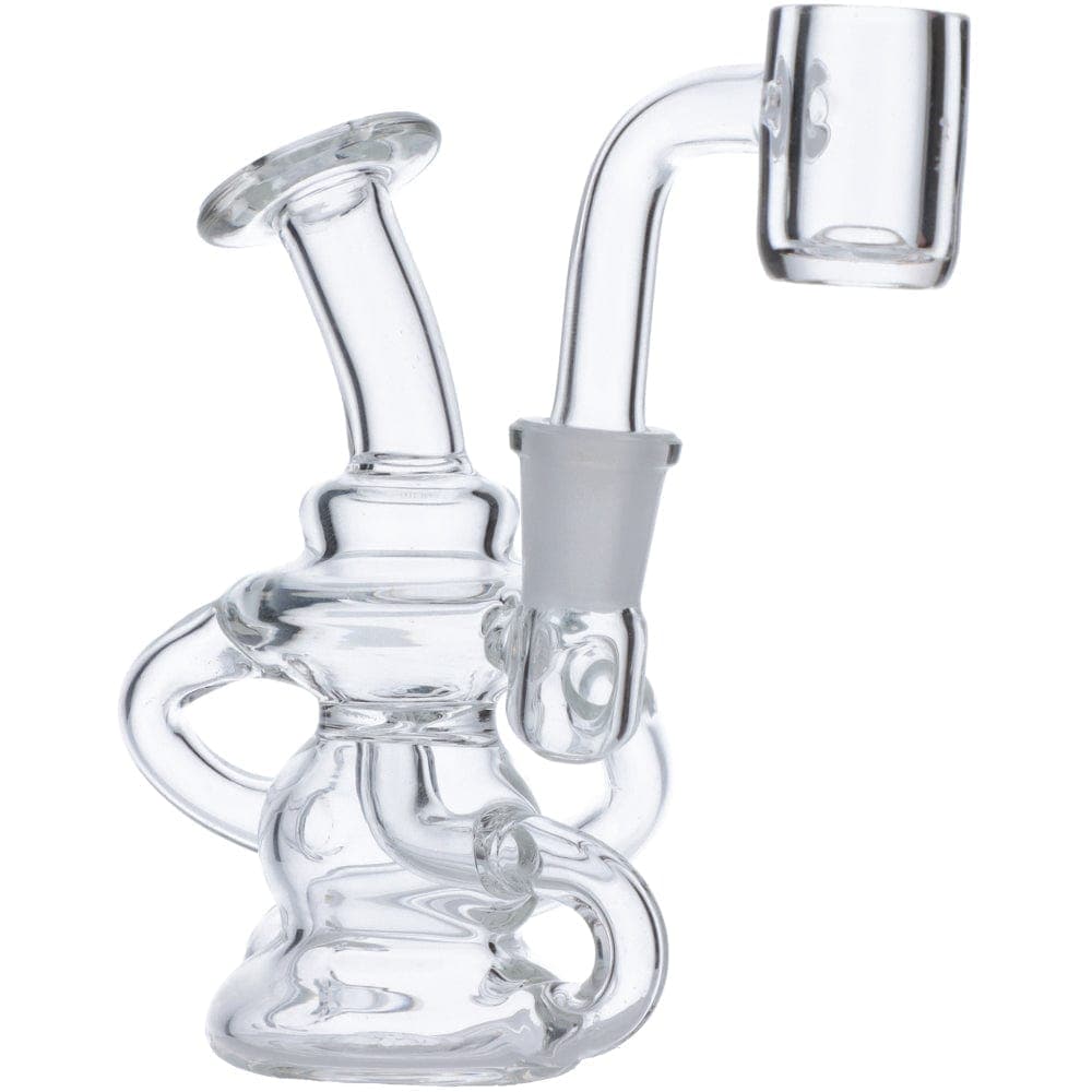 A front view of the “4” Dab Rig Water Pipe Mini, showing the clear glass rig with a compact design.