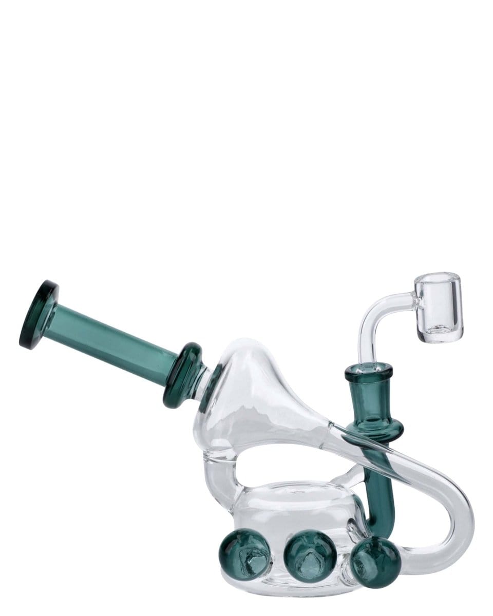 Front view of the 6" Recycler Bubbler Rig, showing clear glass with a unique, circular design and joint visible.