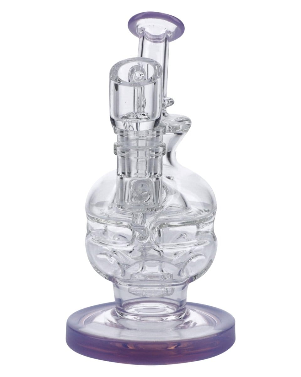 A front view of the 6" Swiss Perc Recycler Rig, featuring a clear glass construction with intricate perc detailing and a circular base.