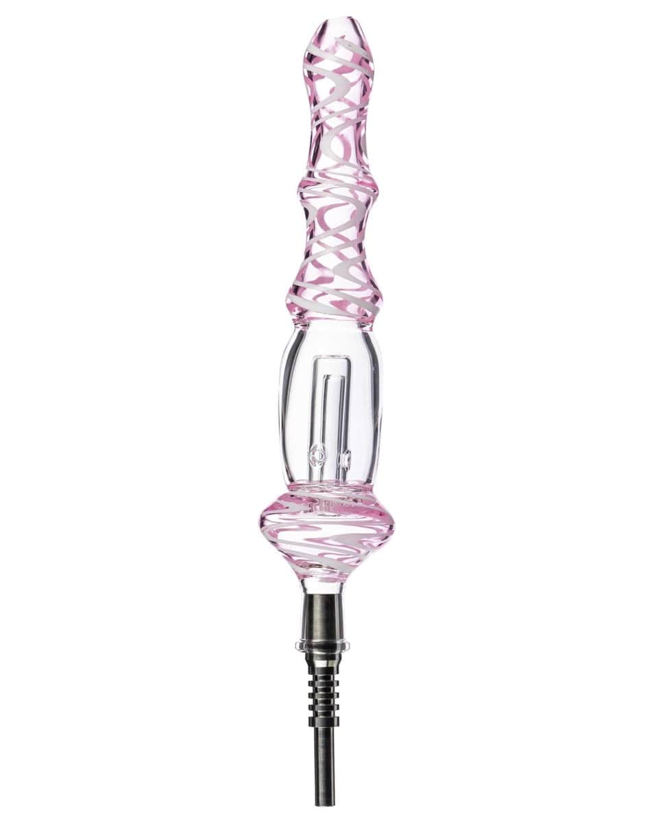 A close-up, angled view of the Wig Wag Nectar Collector, showcasing its clear glass construction and unique, curved design.