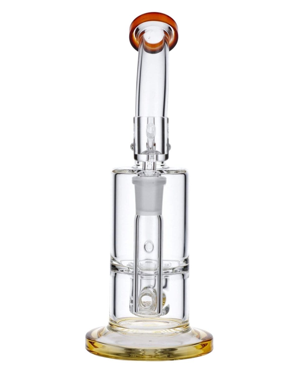 Front view of the Amber Inset Honeycomb Perc Mini Rig, showcasing the clear glass and amber accent against a plain white backdrop.