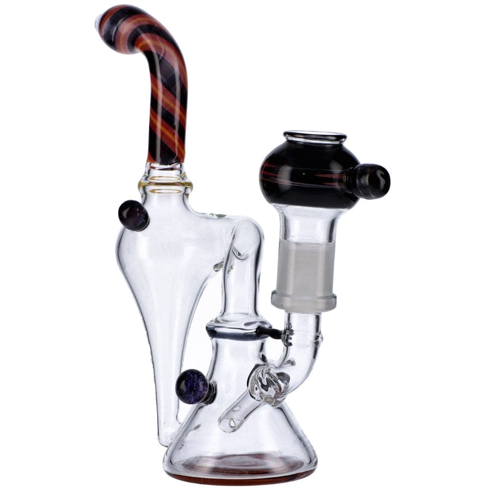 Front view of the Cyclone Recycler, showing a clear glass water pipe with a patterned neck and intricate internal recycling system.