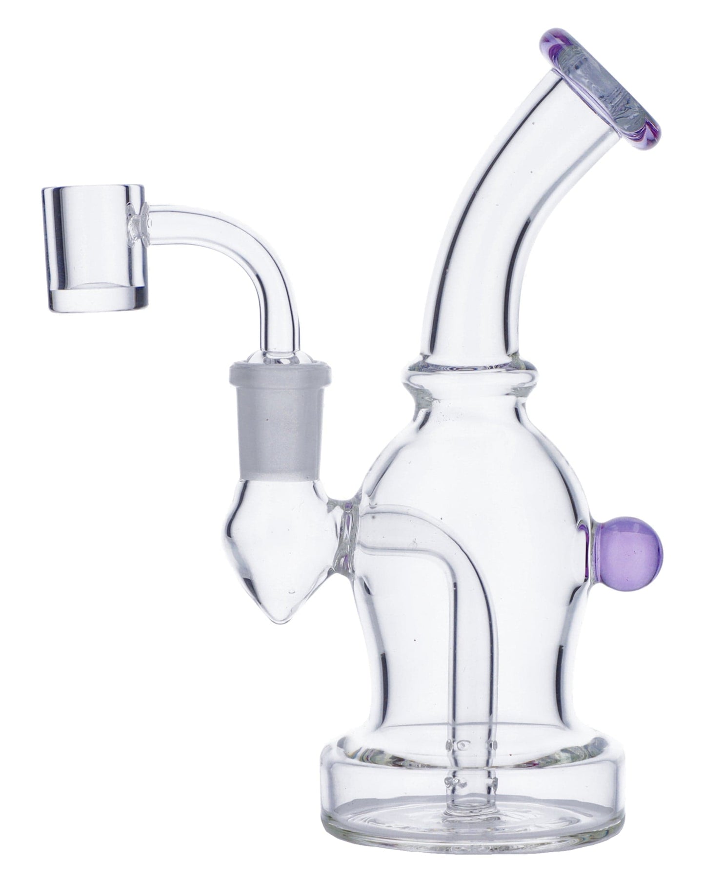 A side view of the Dab Rig w/Quartz Banger-Assort shows a clear glass rig with a quartz banger, angled against a plain white background.