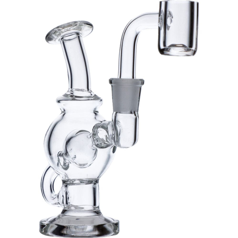 A close-up, angled view of the Mini Bent Neck Dab Rig, showing its clear glass construction and curved neck.