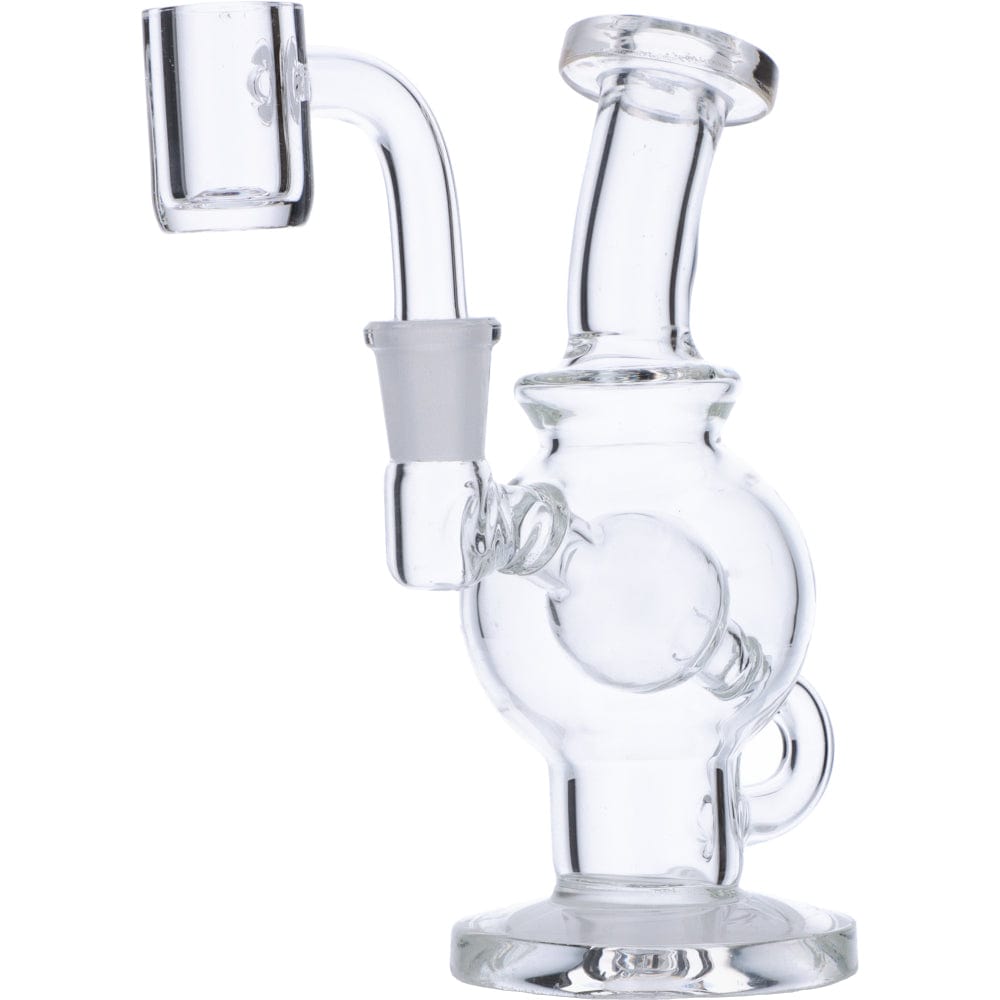 Front view of the Mini Clear Bent Neck Dab Rig, showcasing its clear glass construction and curved neck design.