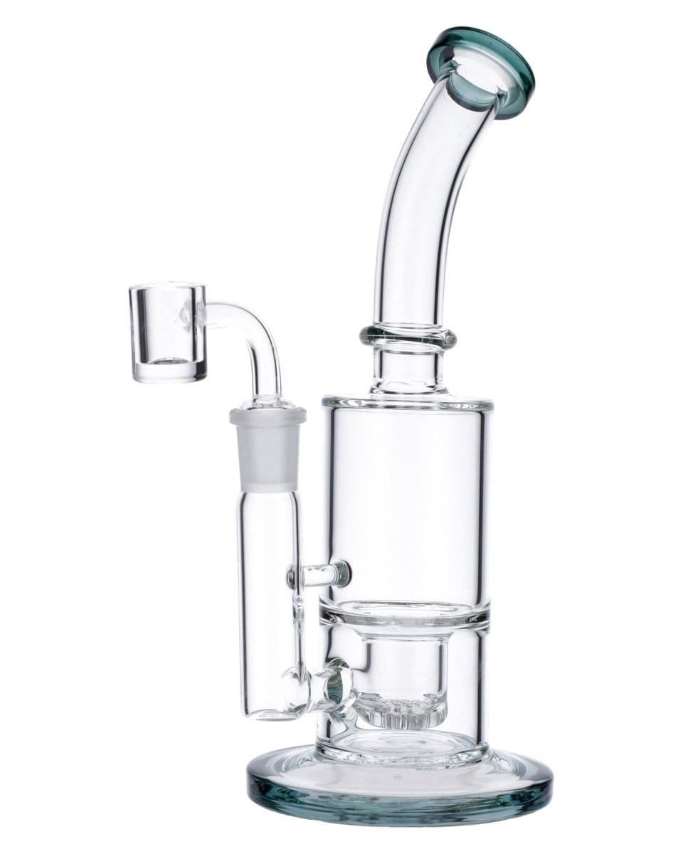 Front view of the Teal Inset Honeycomb Perc Mini Rig, showcasing its clear glass construction and compact size.