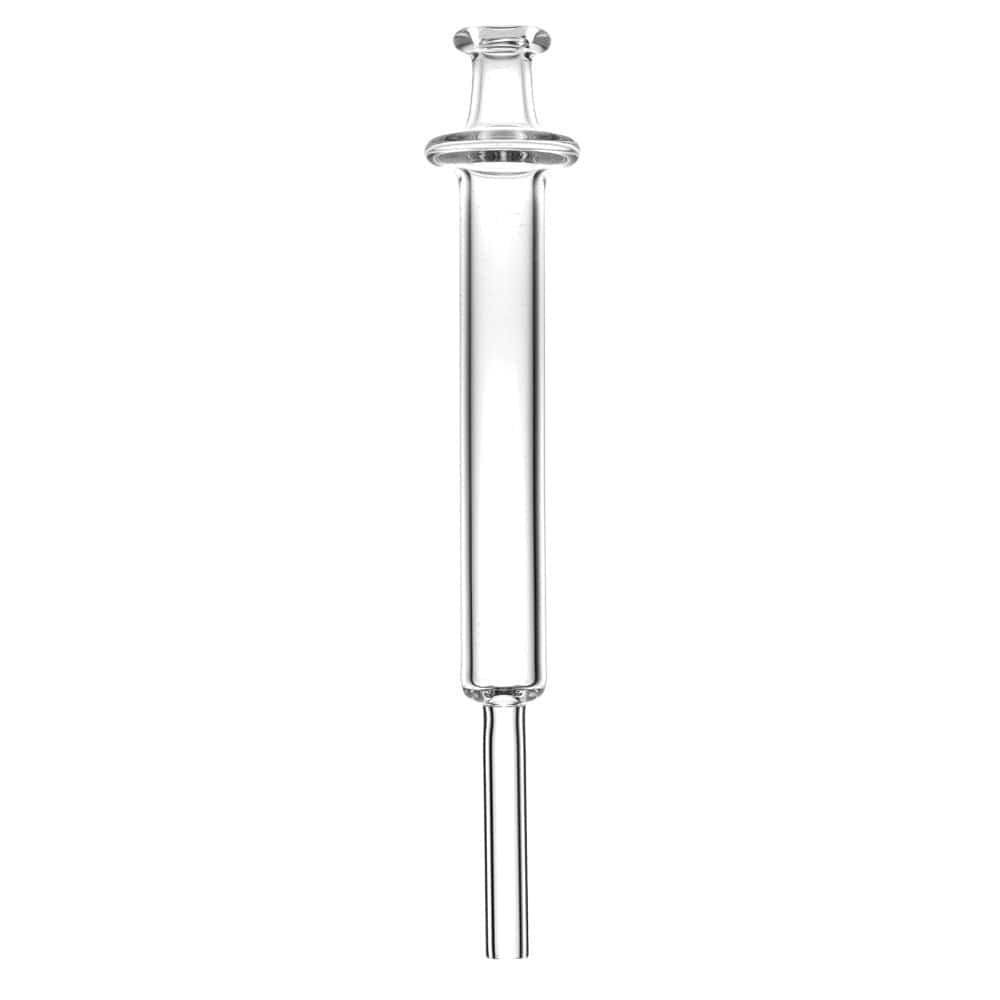 A straight-on view of the Quartz Minimalist Syringe Dab Straw, showing the clear glass construction and simple, elongated design.