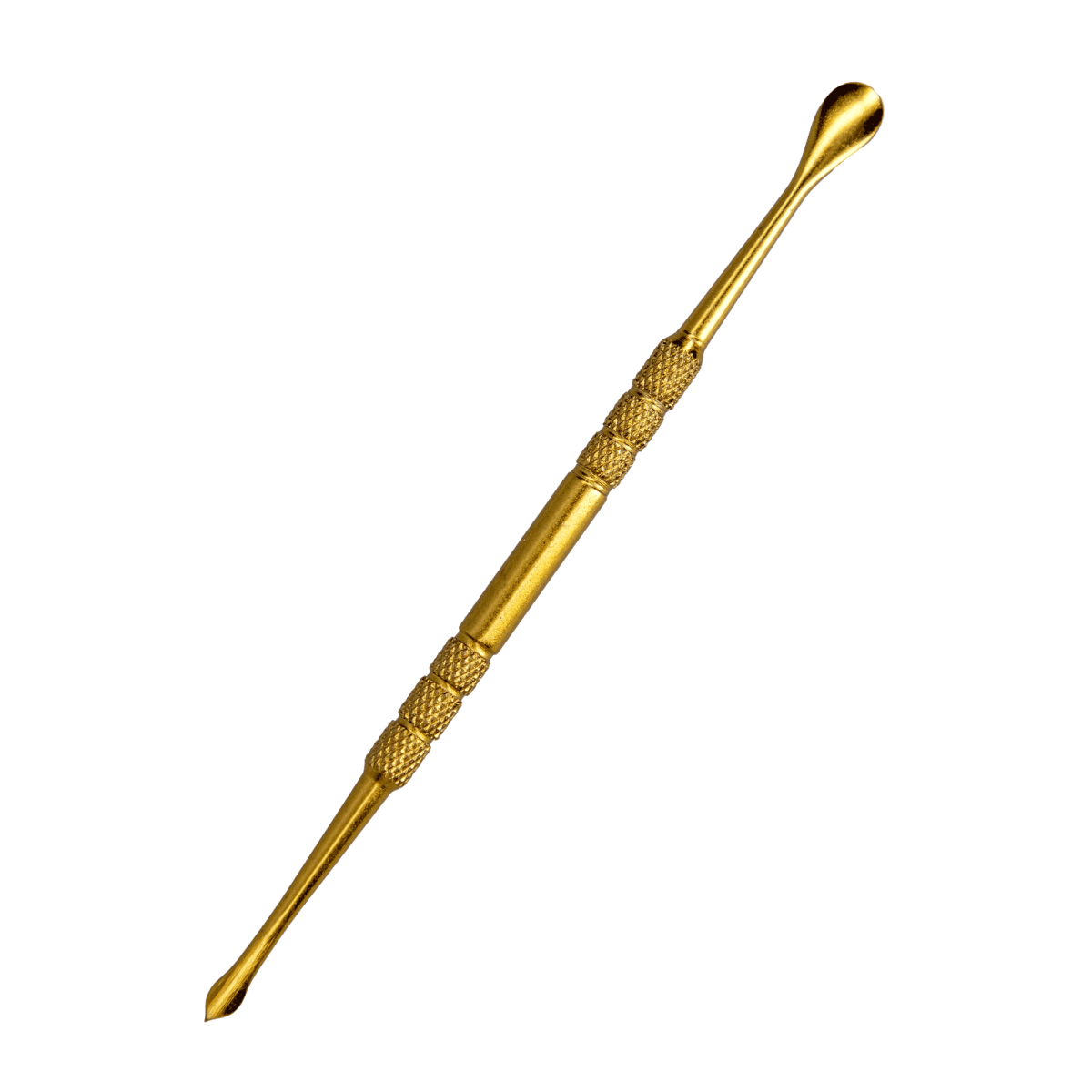 A detailed close-up of the Gold Anodized Dab Tool, showing its sleek, metallic form against a plain white backdrop.