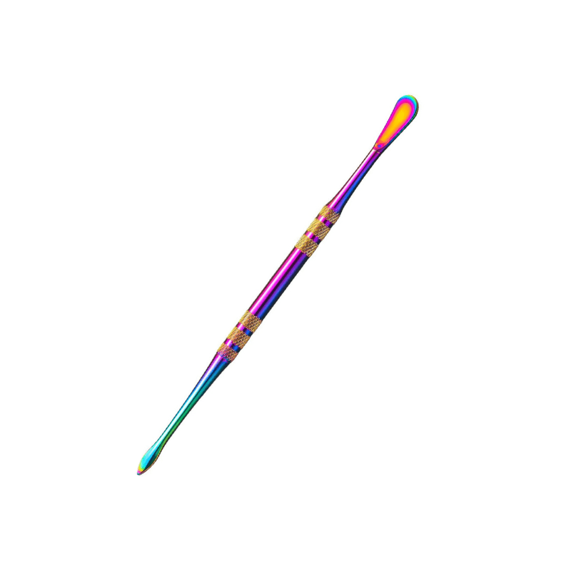 A close-up view of the Rainbow Anodized Dab Tool with a sleek, metallic finish angled against a plain white background.