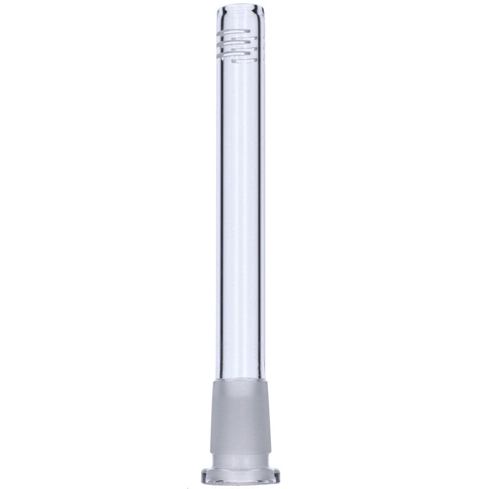 A straight, clear glass view of the Replacement Downstem - 4.5in/114mm, angled slightly against a plain white background.