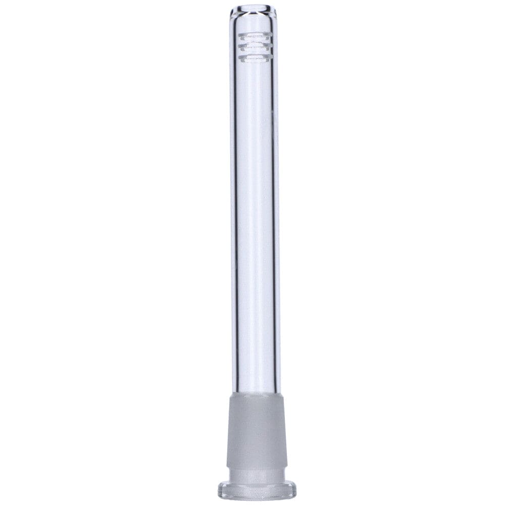 The 4.75-inch Replacement Downstem is displayed in a close-up, showing its clear glass construction and simple cylindrical shape.