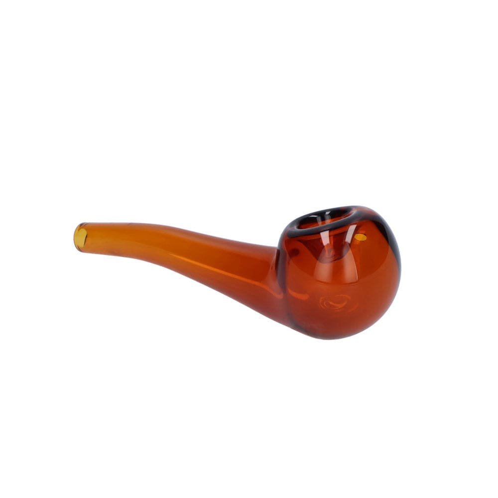 A side view of the Everyday Essentials 4" Bent Spoon Pipe, showcasing its curved form and smooth, brown glass finish.