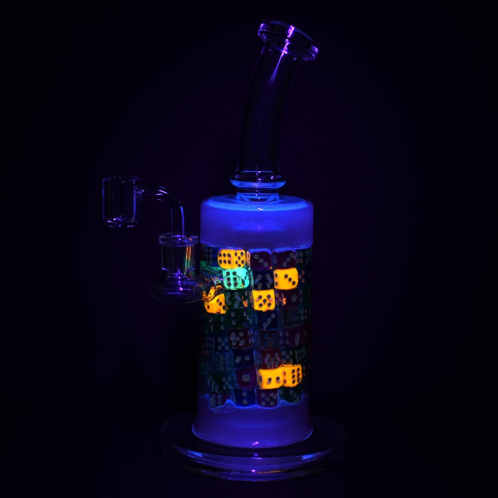 A vibrant, front view of the 11" Feelin' Lucky Glass Rig, featuring colorful dice suspended within its clear glass body.