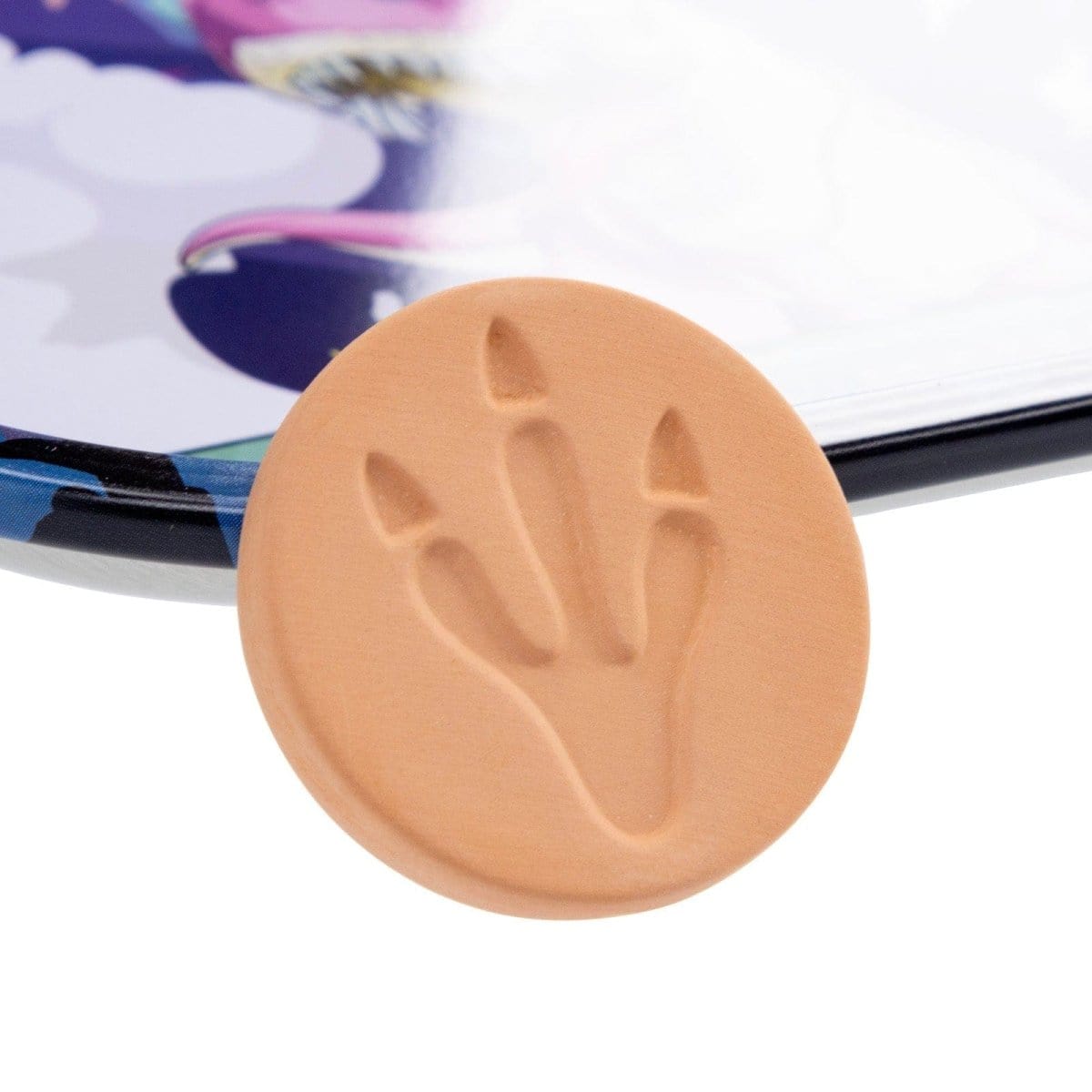 A close-up, angled view of the Fossil Footprint Hydrostone displaying a raised fossilized footprint design.