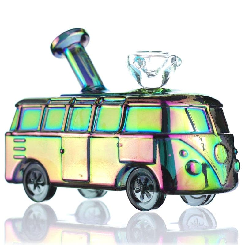 Front view of the Daily High Club "Groovy Hippie Van" Bong, a colorful, patterned glass piece reflecting on a glossy surface.