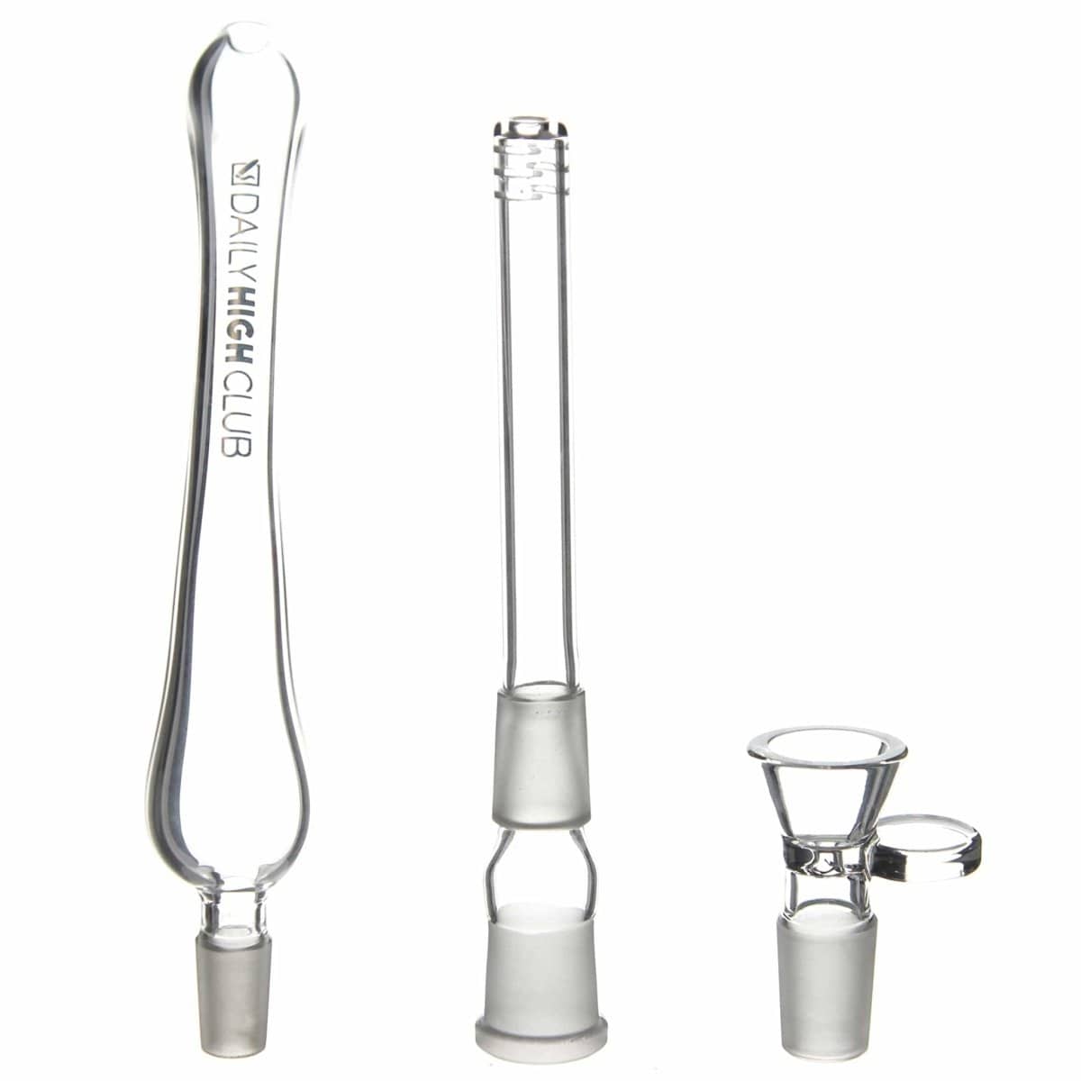 Front view of the Daily High D.I.Y. Bong Kit components, featuring clear glass joints arranged diagonally against a white background.