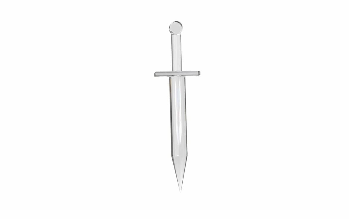 A studio shot of the Glass Sword Dab Tool, appearing as a sleek, clear glass implement against a plain white background.