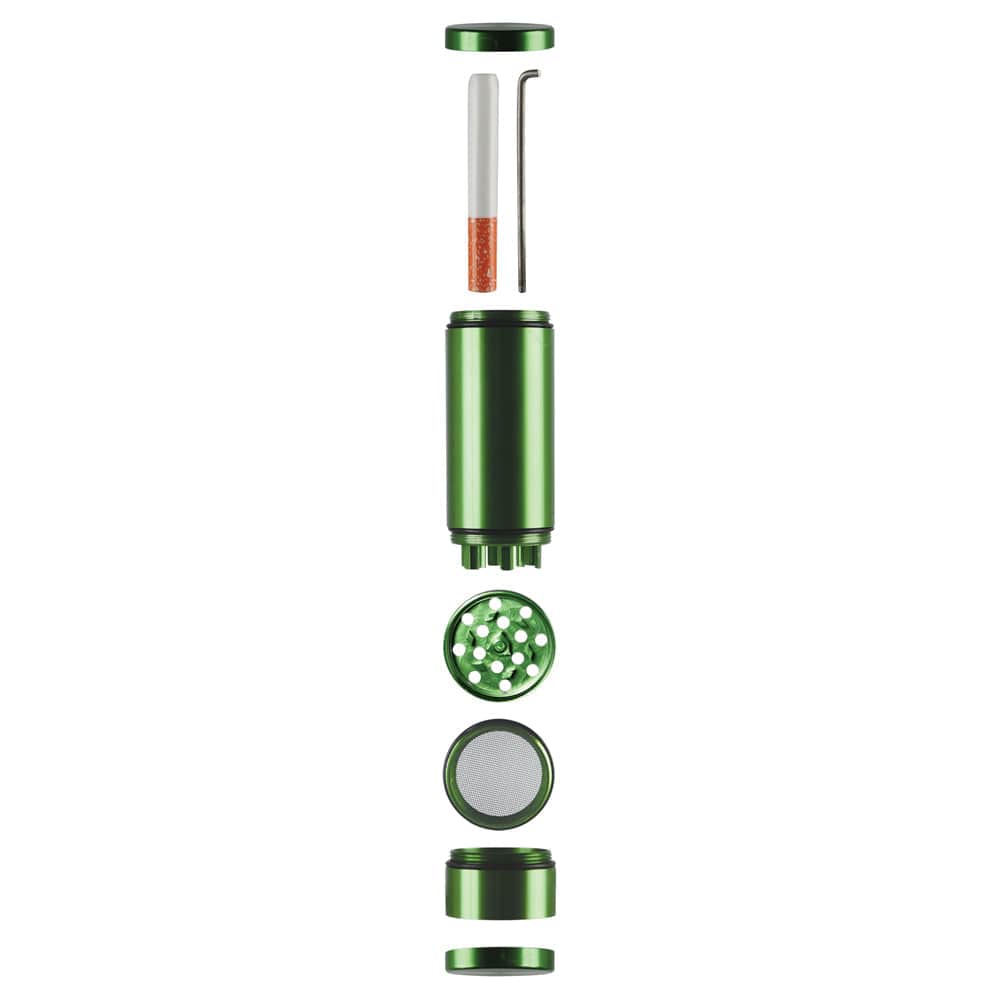 Front view of the 5" All-In-One Dugout/Grinder w Storage, showcasing its cylindrical shape and multi-part construction.