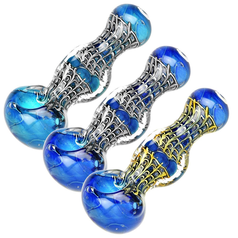 Front view of the Art Deco Homage 3-Sided Neck Spoon Pipe, a colorful 5” glass pipe with sculpted details.