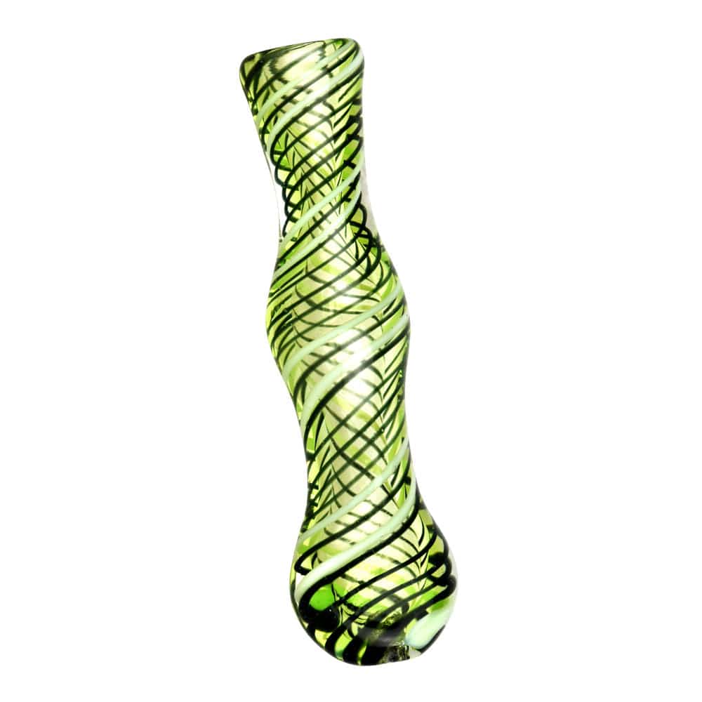 A studio shot of the 3.75” Acid Green Worked Glass Taster, displaying its swirling green glass pattern against a white backdrop.