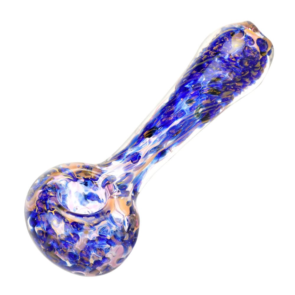 A close-up of the Blue and Gold Fumed Swirl Spoon Pipe – 4.5", displaying its swirling pattern and curved shape.