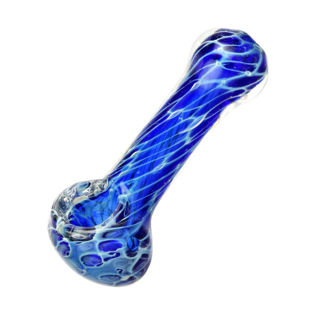 A three-quarter view of the Cellular Blue Glass Spoon Pipe, showcasing its vibrant blue swirl pattern against a plain white background.