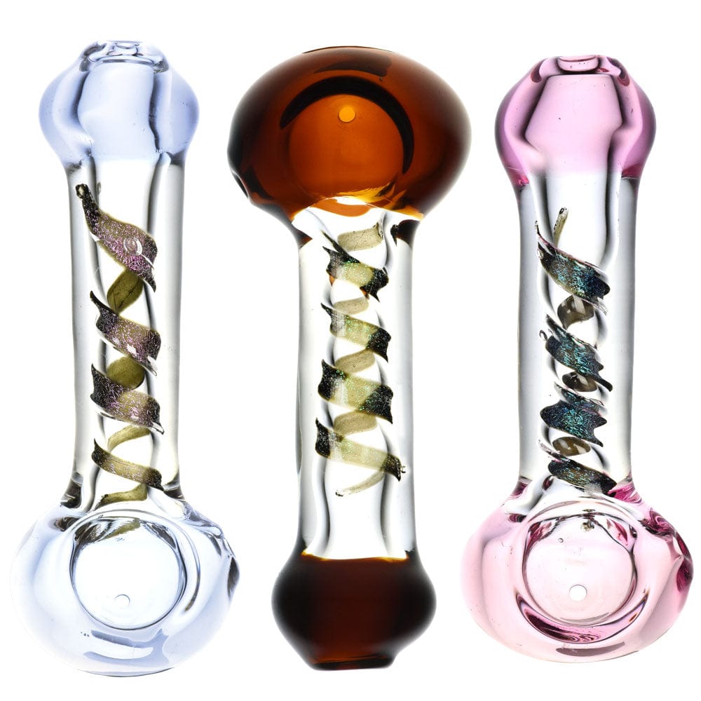 A front view of the 4.75" Clear Glass Spoon Pipe w/ Dicro Twist, showing a clear glass pipe with a colorful, twisted design.
