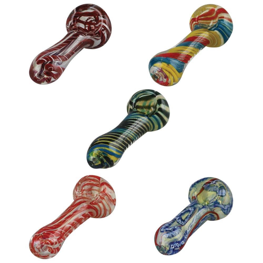 A front view of the 3.25" Color Swirl Spoon Pipe, showcasing its colorful glass swirl design against a plain white background.