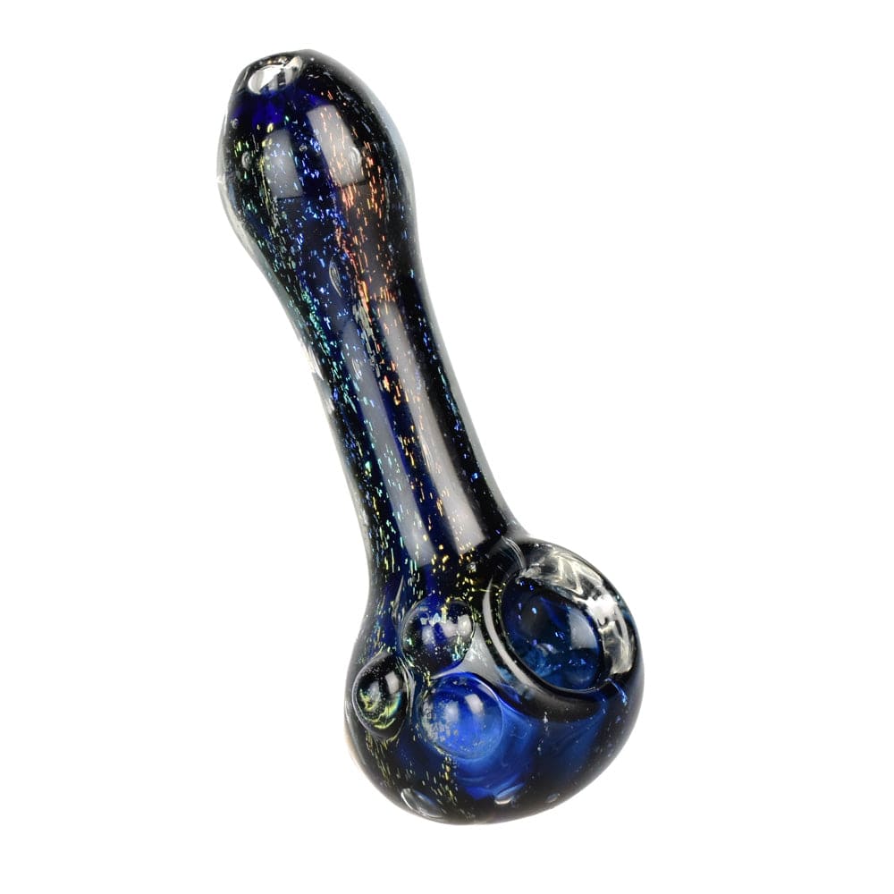 A close-up shot of the 4-inch Dichro Dream Spoon Pipe, showcasing its iridescent dichroic glass finish and curved design.