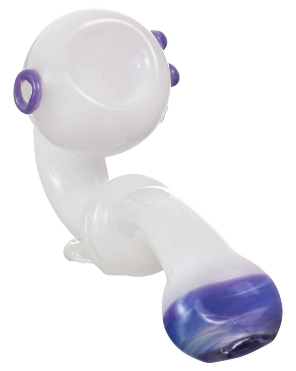 A side view of the Maria Ring Sherlock Pipe, featuring a clear glass bowl and a dark purple mouthpiece.