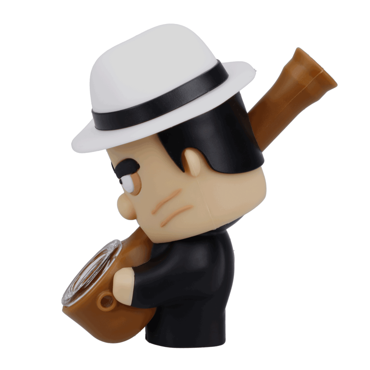 A side view of the Mobster Silipipe, showcasing its curved neck and dark-colored body with a light-colored mouthpiece.