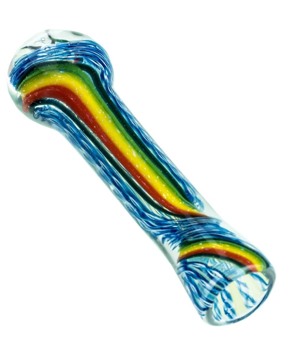 A close-up, angled view of the Rasta Stripe Chillum, showcasing its striped glass design and simple cylindrical shape.