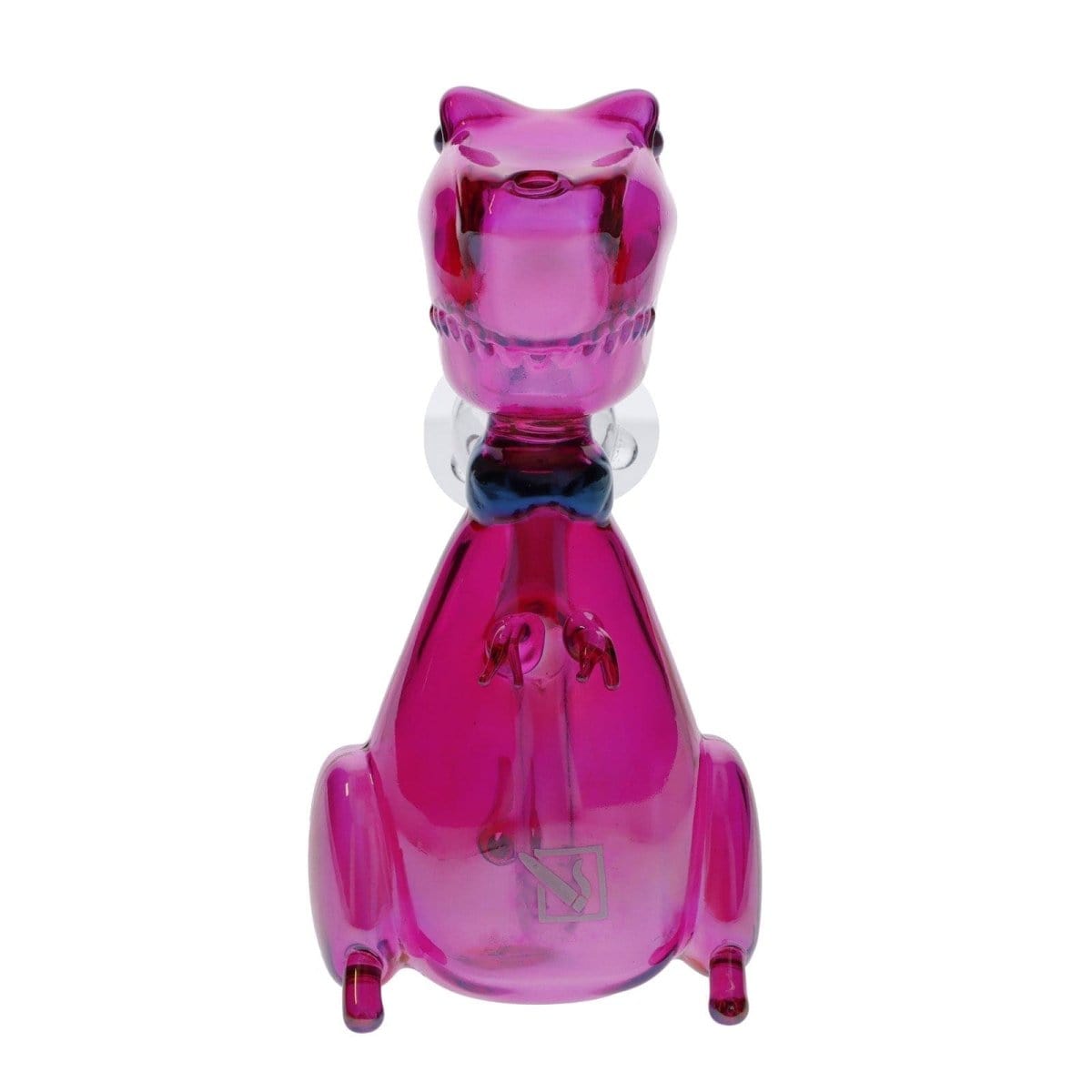 Front view of the DHC Originals Rave Dino Bong, a vibrant pink dinosaur-shaped water pipe with a rounded base.